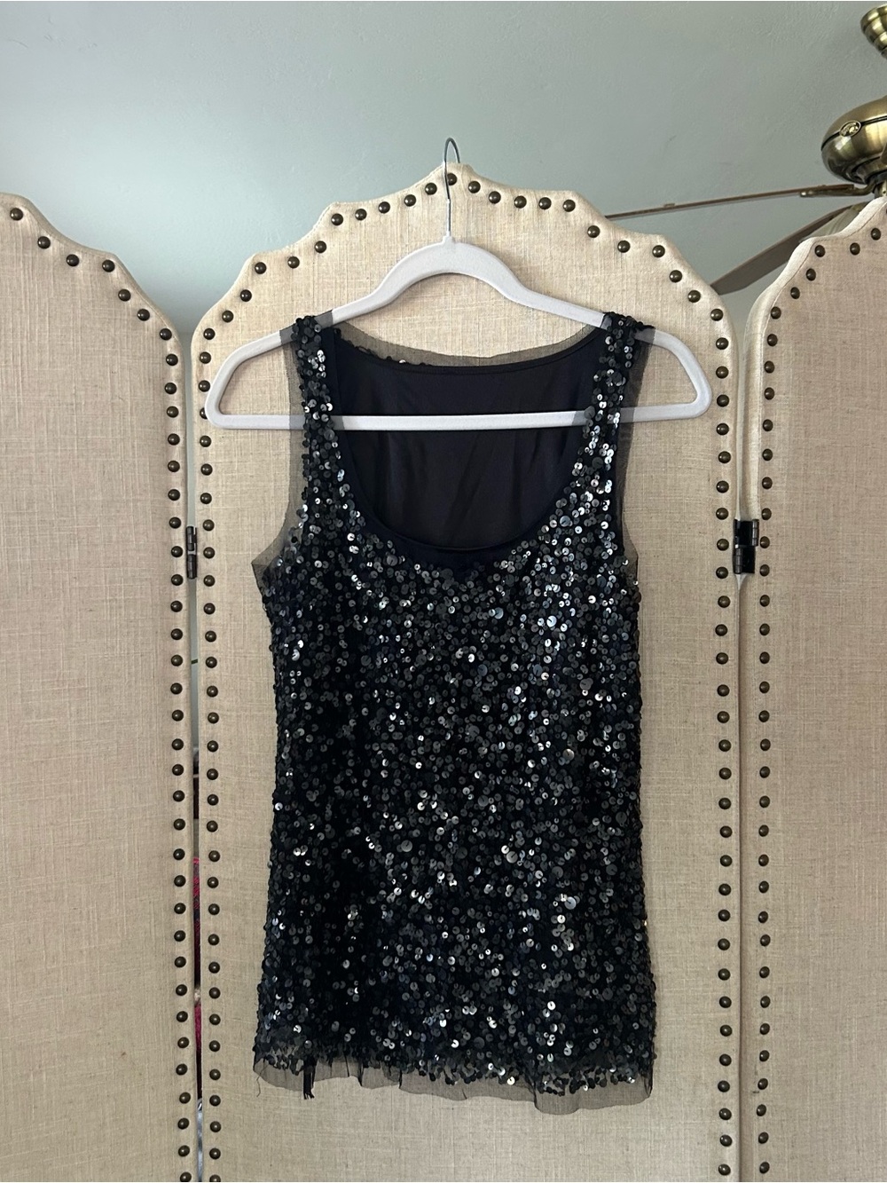 Black Sequin Tank Top Sheer Mesh Trim Y2K Party Glam Cami
